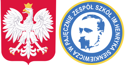 Godło Polski a obok okrągłe logo szkoły ze szkicem Henryka Sienkiewicza pośrodku.