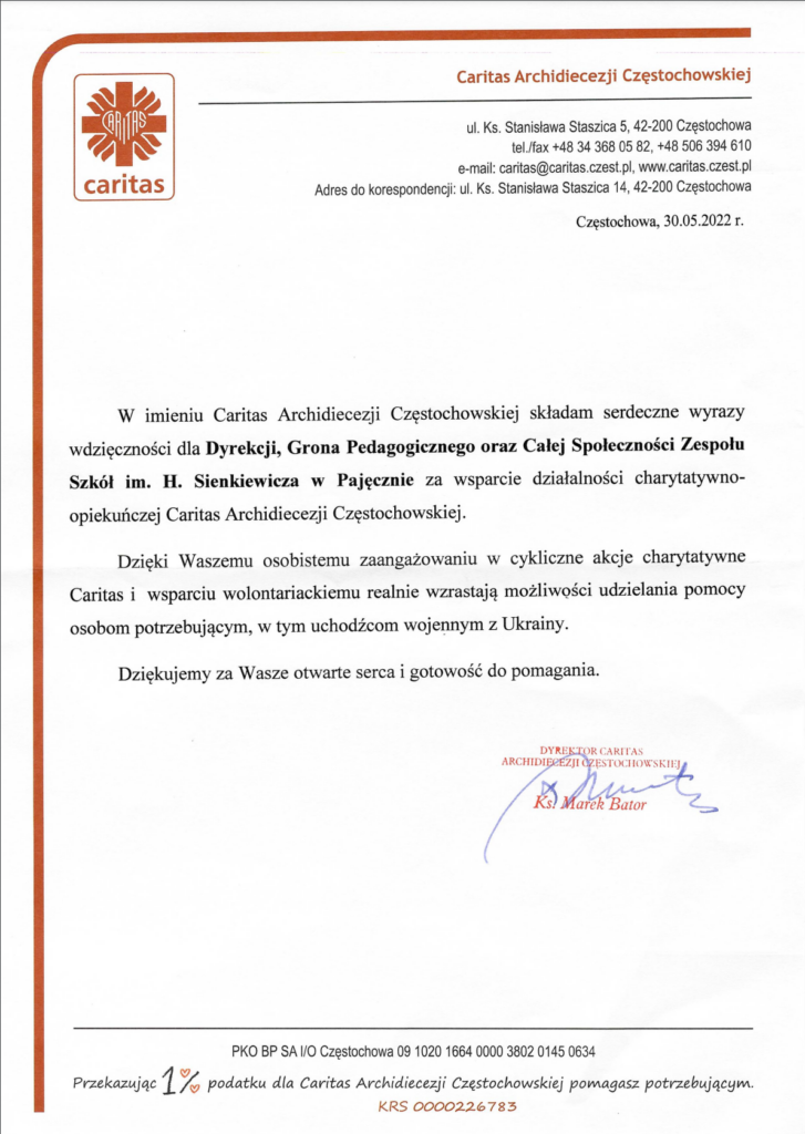 Grafika przedstawia list z podziękowaniami od Caritas Archidiecezji Częstochowskiej za wsparcie działalności charytatywnej.